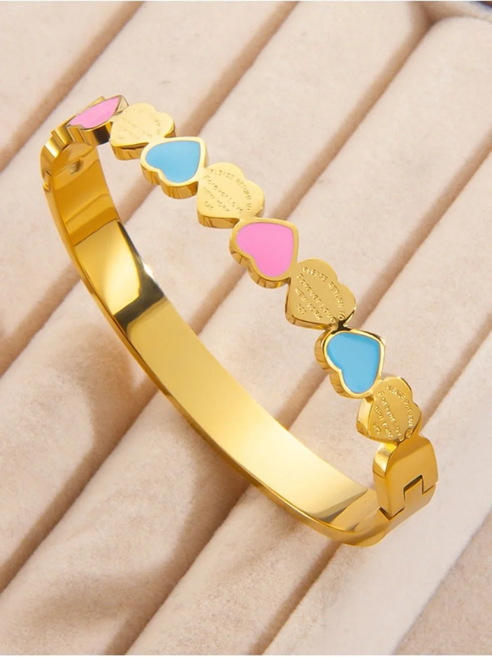 Stainless Steel Gold Heart Enamel Bangle Bracelet with Pink & Blue Hearts